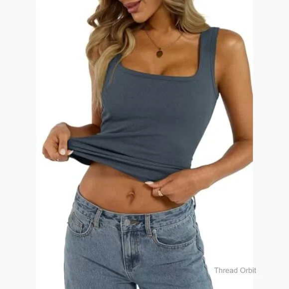 Ribbed Cotton Tank Top Square Neck Fitted Summer Cami Thin Straps - Picture 2 of 7